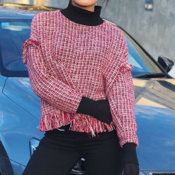 Zara Red Fringe Trim Tweed Sweater - Picture 5 of 7